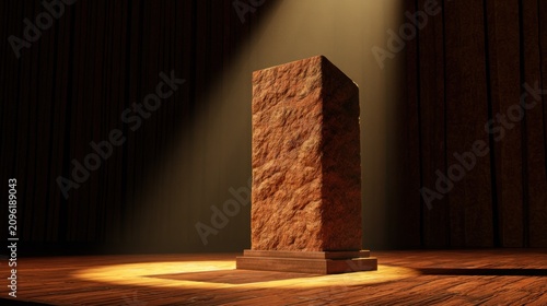 Natural stone pillar on a stage under a spotlight.