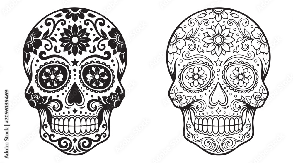 Fototapeta premium skull with intricate floral designs and patterns featuring line art, black, white