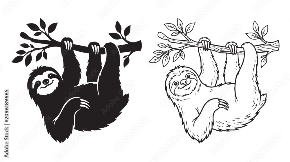 Fototapeta premium sloth hanging upside down on a tree branch in black and white illustration