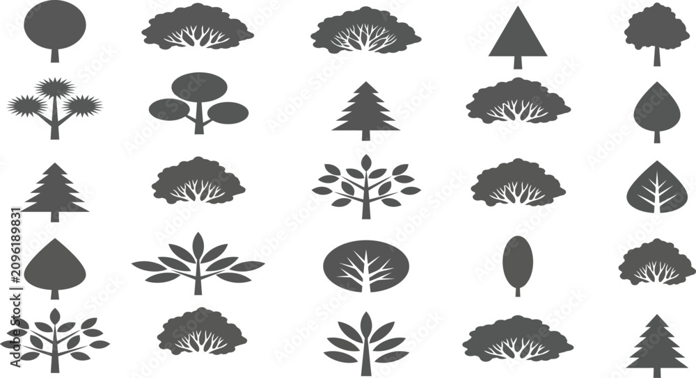 Fototapeta premium Minimalist Grey Tree and Bush Silhouettes Vector Illustration Icon SetMinimalist Grey Tree and Bush Silhouettes Vector Illustration Icon Set