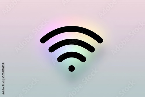 Wifi signal icon floating over a soft iridescent gradient in a sharp focus minimalist studio shot for telecommunications branding