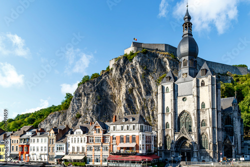 Exterior of Collegiate Church of Our Lady of Dinant and the Citadel of Dinant, Dinant, Wallonia,  Belgium, Europe