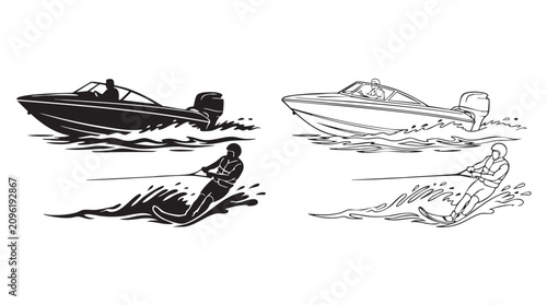 Fotografie speedboat with waterskier silhouette illustration featuring water, sport, vector