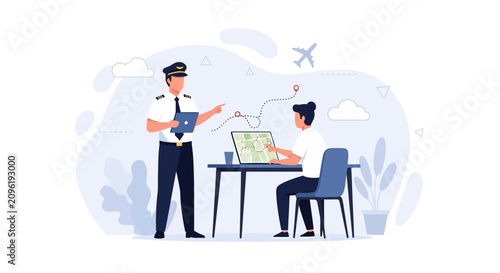 Pilot Instructs Co-pilot on Flight Plan and Navigation Using Digital Map and Tablet