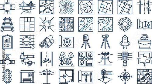 Vector linear city topography cartography and civil engineering line icon set featuring maps survey equipment blueprints roads bridges and utility elements
