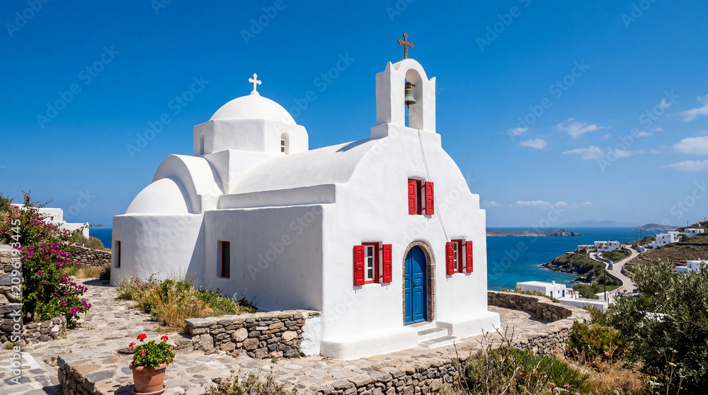 Obraz premium Charming whitewashed Cycladic church overlooking the Aegean Sea in Mykonos