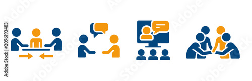 meeting set flat icon, simple icons for conference, seminar, webinar, dialogue people group, supporting teamwork, blue and yellow color vector art