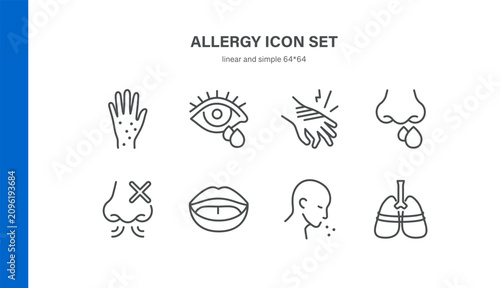 Allergy icons set. Symbols of allergic reaction, allergen, symptom, health, illness, disease