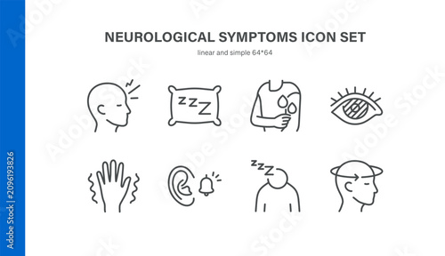 Simple Set of Neurological Symptoms Related Vector Line Icons. Contains such Icons as Headache, Insomnia, Sweating, Blurred Vision, Tremor and more. Editable Stroke. Pixel Perfect Vector.
