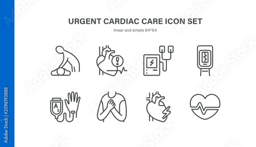 Simple Set of Urgent Cardiac Care Related Vector Line Icons. Contains such Icons as CPR, Defibrillator, Heart Monitor, Infusion, Chest Pain and more. Editable Stroke. Pixel Perfect Vector.

