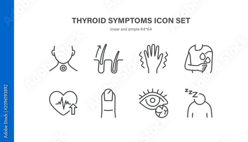 Simple Set of Thyroid Symptoms Related Vector Line Icons. Contains such Icons as Neck Swelling, Hair Loss, Tremor, Sweating, Bulging Eyes and more. Editable Stroke. Pixel Perfect Vector.
