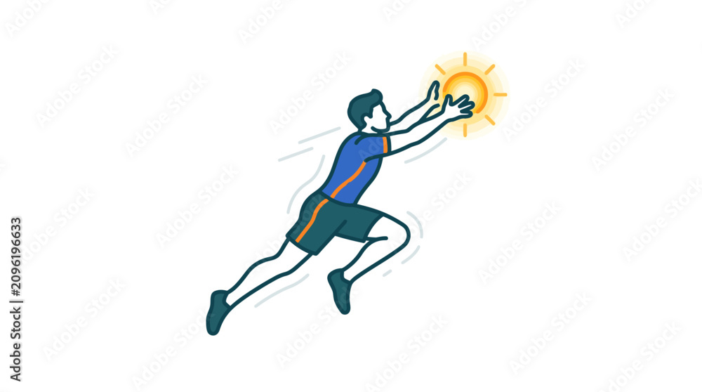 Obraz premium A stylized illustration of an athlete reaching out to touch a glowing sun icon
