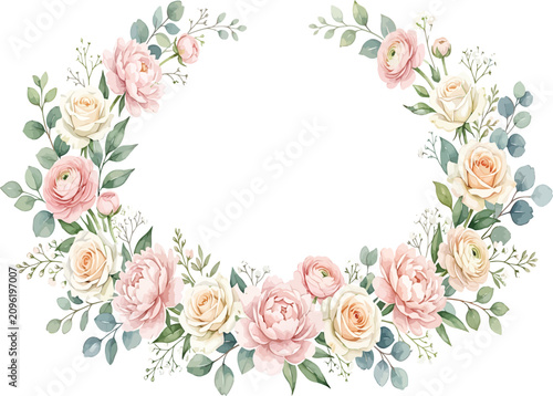 Watercolor floral wreath with pink and cream roses and peonies