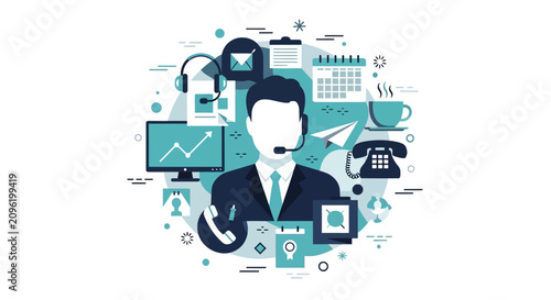 Customer Service Representative Illustration with Headset and Help Desk Icons, Concept of Virtual Assistant, Call Center Support, and Professional Communication in Flat Style