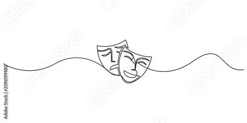 Foto Greek mask one line drawing, opera event symbols continuous hand drawn, mask one line vector