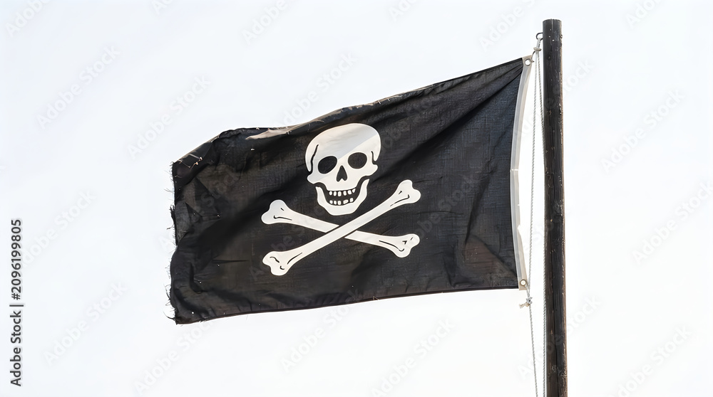 Naklejka premium Black pirate flag with skull and crossbones on a pole illustration