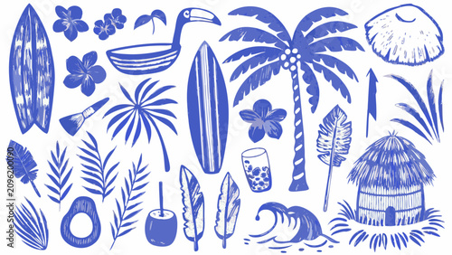 Konstfotografi Blue sketch illustration depicting tropical elements including toucan surfboard