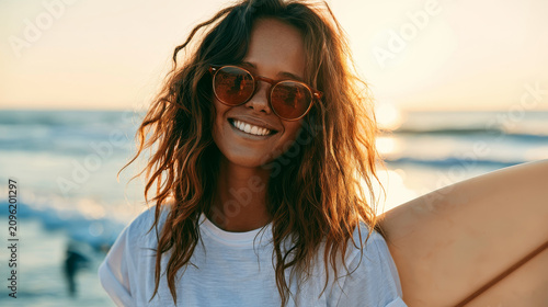 young stylish woman smiling on the beach