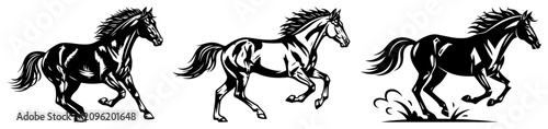 Tableau sur toile Running horse silhouettes with dynamic movement in black and white style