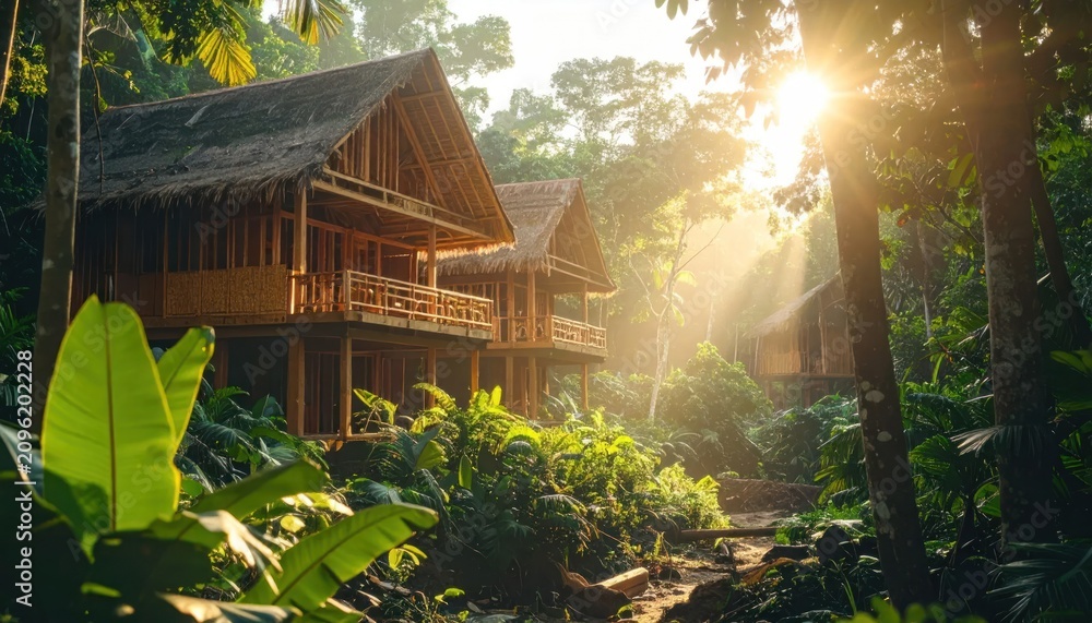 Obraz premium Eco-friendly wooden resort in a lush tropical rainforest.