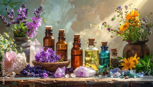 Essential oil bottles with lavender and wildflowers.