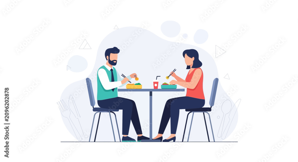 Fototapeta premium Couple Enjoying a Meal Together at a Restaurant Table, Vector Illustration