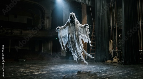 Eerie floating ghost prop hovers on a dark theater stage with dramatic lighting