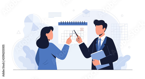 Business meeting and planning illustration: two professionals review a calendar, discussing strategy and scheduling.