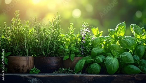Fresh green herbs growing in pots in sunshine.