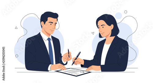 Business Meeting: Man and Woman Signing Contract Agreement with Pens