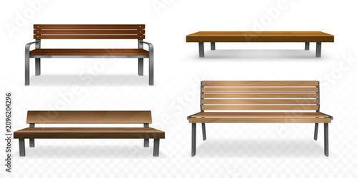 Foto Wooden park benches with backrest, 3d realistic vector illustration isolated on transparent background, front view