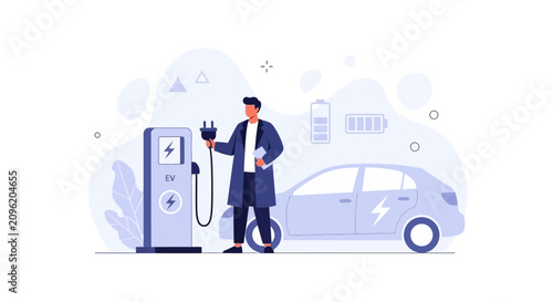 Man charging electric car at EV station, symbolizing green energy, sustainable transport, and modern technology.