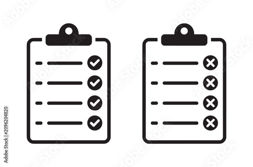 Konstfotografi Checklist Icons: Two clipboard icons, one with completed tasks marked by checkmarks, the other with incomplete tasks marked by crosses, represent success and failure or to-do and done