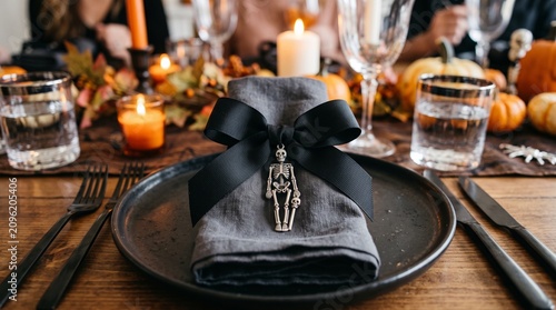 Elegant Halloween table setting with skeleton napkin ring and pumpkins