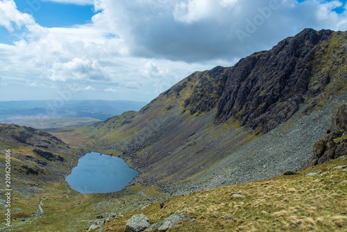 Εκτύπωση καμβά Remote upland tarn beneath steep crags with grassy foreground and a dramatic cloudy sky, conveying rugged solitude and outdoor adventure