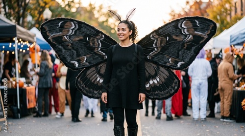 Woman in elaborate black moth costume at vibrant outdoor market event