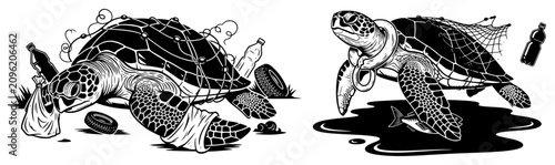 Konstfotografi Sea turtles entangled in plastic waste and pollution in woodcut engraving style