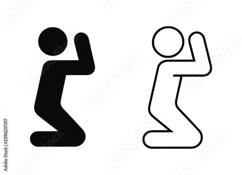 Foto Two Figures in Prayer: Simple, stylized icons depict a person kneeling with hands clasped above their head, symbolizing prayer, devotion, or seeking help