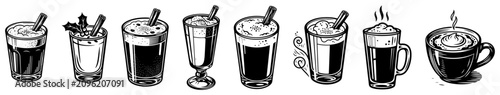 Fotografía Coffee beverages and hot drinks collection in classic woodcut engraving style