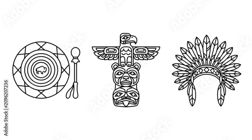Foto Indigenous tribal symbols set, traditional native American cultural icons, black