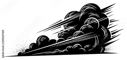 Tablou pe pânză Dynamic explosion smoke cloud with motion lines in bold woodcut style