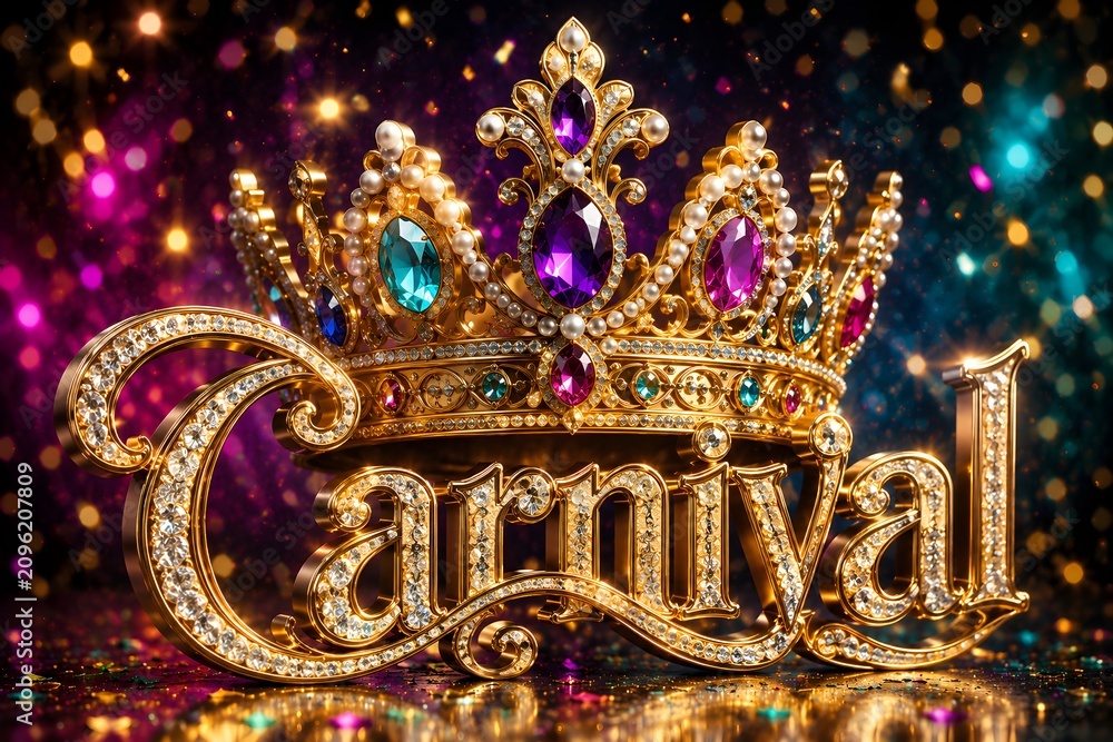 Fototapeta premium Luxury Gold Carnival 3D Typography Studded with Diamonds and Ornate Royal Crown with Jewels on Festive Bokeh Background