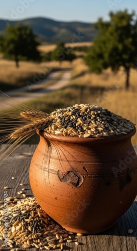 Rustic Clay Pot Filled with Grain.