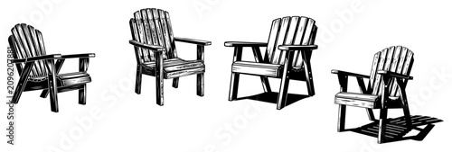 Konstfotografi Wooden adirondack garden chairs set in detailed engraving style