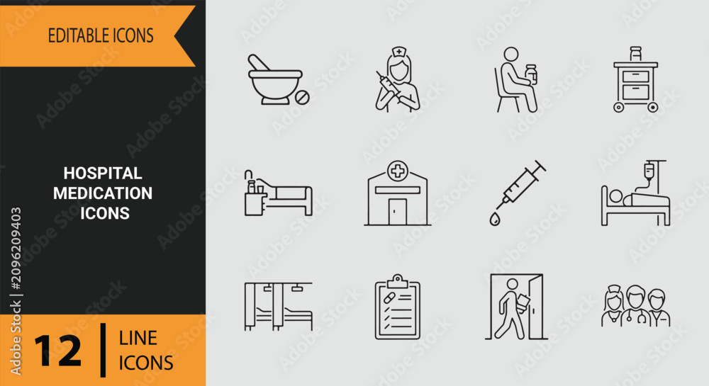 Naklejka premium Hospital Medication Icons Outline Icon Set for Clinic Pharmacy Management and Patient Treatment Charts