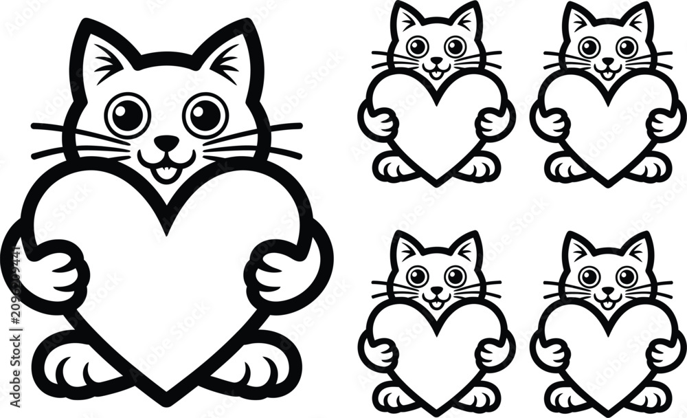 Fototapeta premium Cute cats holding large heart shapes for valentines day. vector illustration