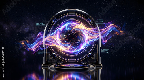 Dimensional portal radiates swirling cosmic energy within a metallic circular frame in space.