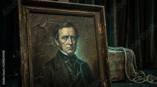Eerie theatrical portrait of an expressionless man with cracked paint