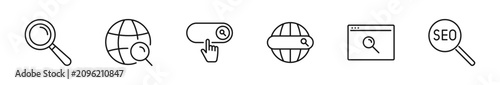 Search icon set. SEO icons in line style. Editable web icons magnifying glass, research, investigate, find, loupe etc. Vector illustration.