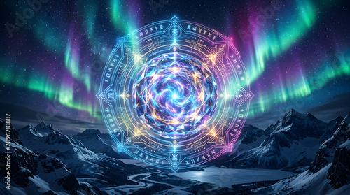 Mystical crystal emblem floats above a frozen landscape beneath the dancing northern lights.